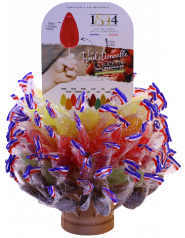 Assortiment 100 sucettes Framboise, Fraise, Pomme, Citron et Caramel au sel de Camargue - 1,4kg